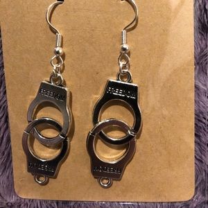 Handmade silver-tone handcuff dangle earrings